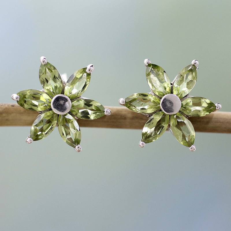 Women's Floral Sterling Silver Button Peridot Earrings, "Summer Blossom"