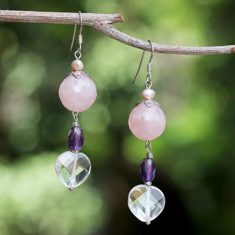 Pearl and rose quartz dangle earrings, "Mystical Romance"