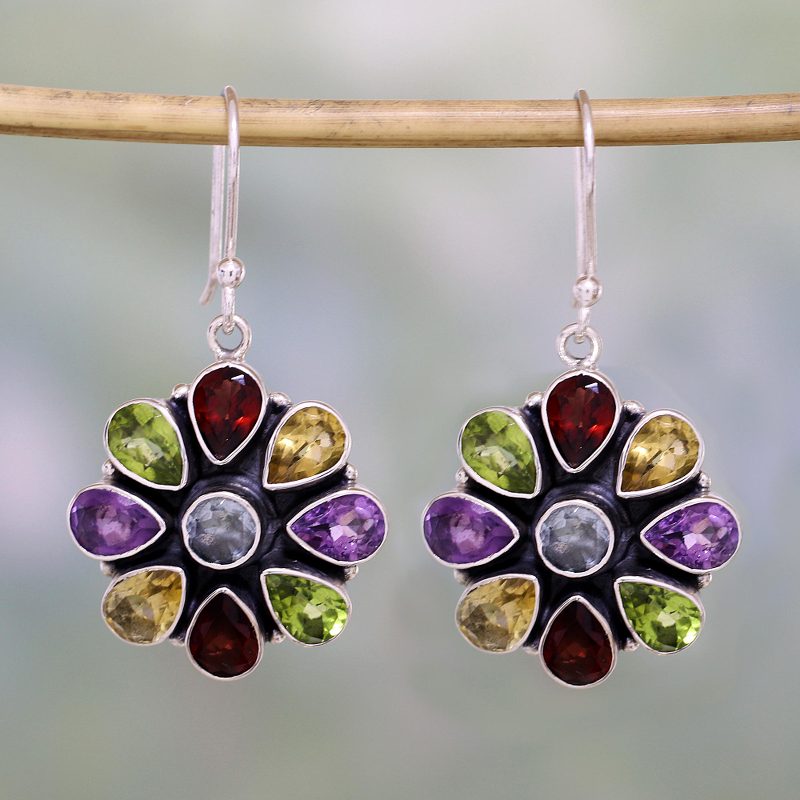 Amethyst Garnet Earrings Blue Topaz Sterling Silver Jewelry, "Summer Blossoms"