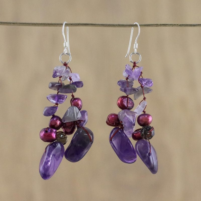 Amethyst and Pearl Dangle Earrings, "Diva"