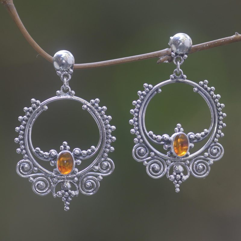 Sterling Silver and Amber Dangle Earrings, "Temple of Light"