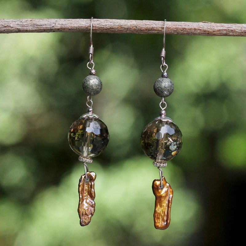 Pearl and smoky quartz dangle earrings, "Beautiful Exotic"