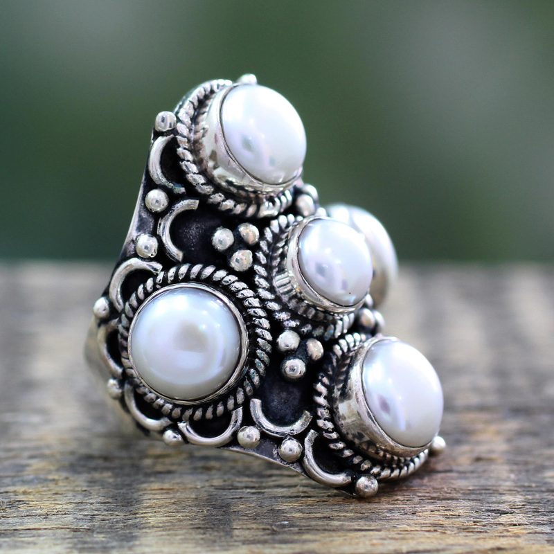 White Pearl and Sterling Silver Indian Style Ring , "Iridescent Princess"