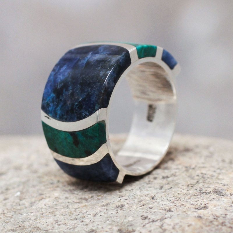Sterling Silver Band Chrysocolla Sodalite Ring from Peru, "Moche Princess"