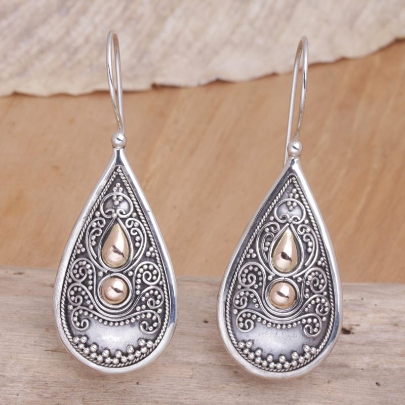Sterling Silver and 18k Gold Plated Earrings, "Bali Antique"