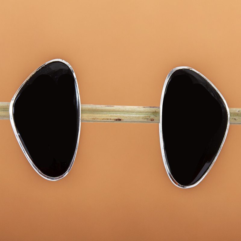 Unique Taxco Silver and Obsidian Button Earrings, "Allure"