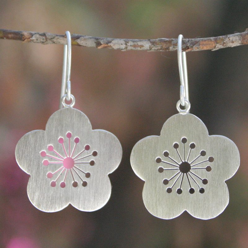 Sterling Silver Flower Earrings, "Plum Blossom Spring"
