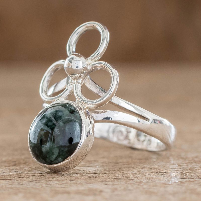 Modern Guatemalan Sterling Silver Jade Ring, "Trinity of Faith"