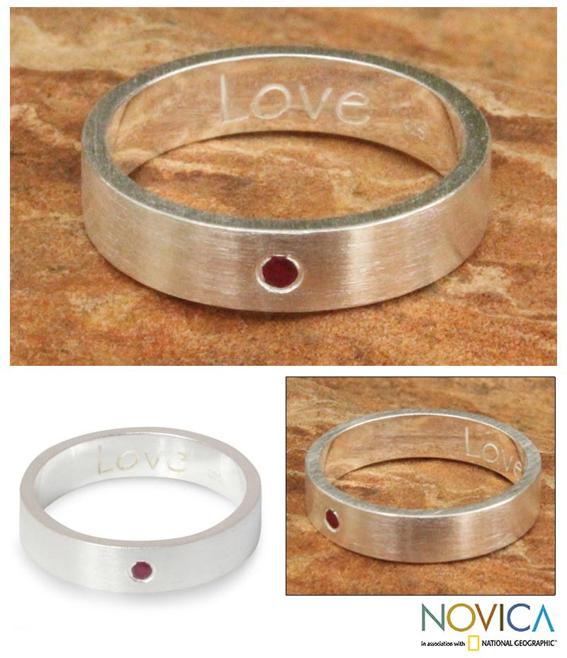Sterling Silver and Garnet Band Ring, "Impressed by Love"
