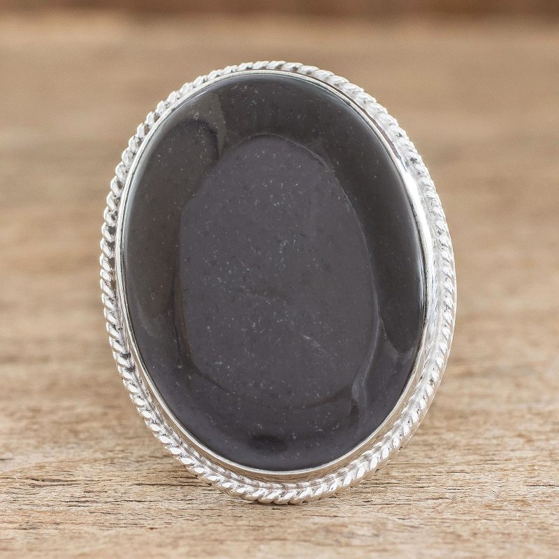 Unique Modern Sterling Silver Black Jade Cocktail Ring, "Maya Night Sky"