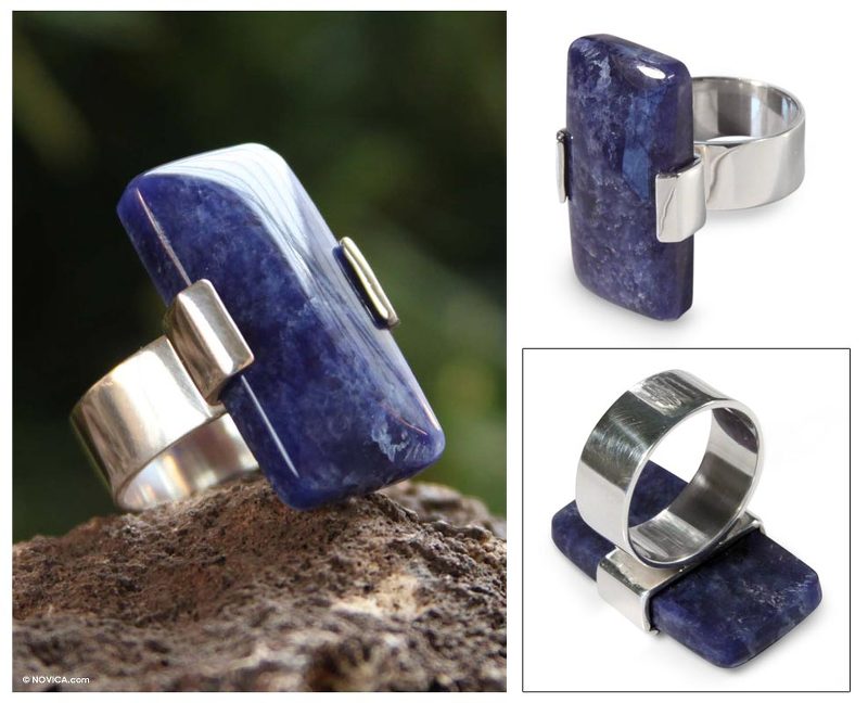 Unique Modern Sterling Silver Sodalite Cocktail Ring, "Blue Hug"