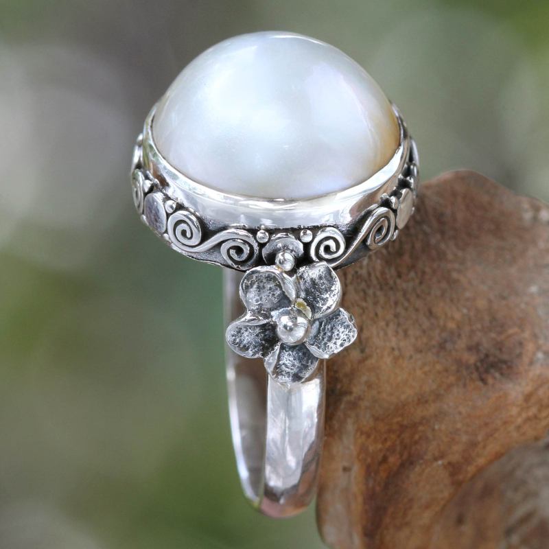 Pearl and Sterling Silver Floral Ring, "Bridal Moon"