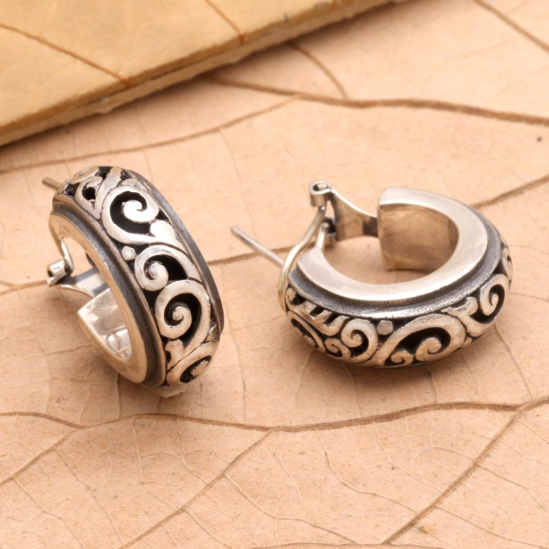 Petite Sterling Silver Half Hoop Earrings from Bali, "Karangasem Castle"