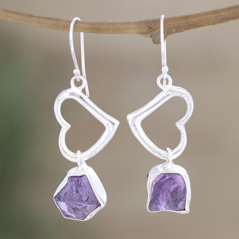 Amethyst and Silver Heart Earrings, "Love Is Wise"