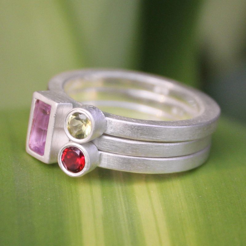 Unique Silver and Amethyst Stacking Rings (Set of 3), "Gemstone Geometry"
