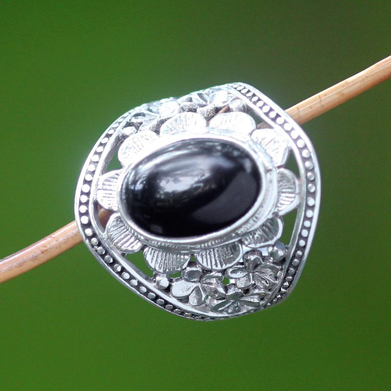 Unique Sterling Silver and Onyx Cocktail Ring, "Frangipani Mystery"