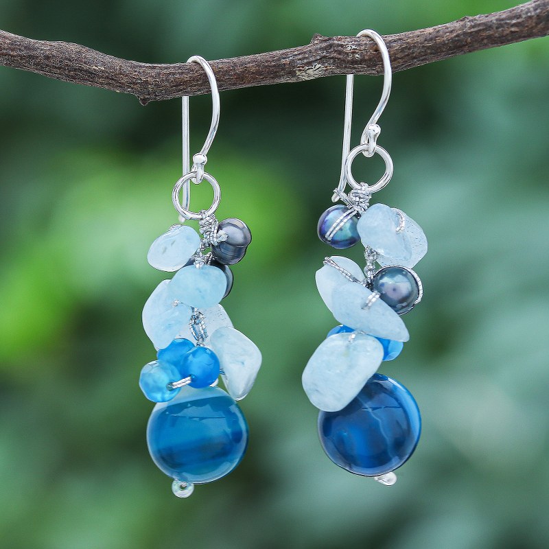 Unique Pearl and Aquamarine Cluster Earrings, "Blue Love"