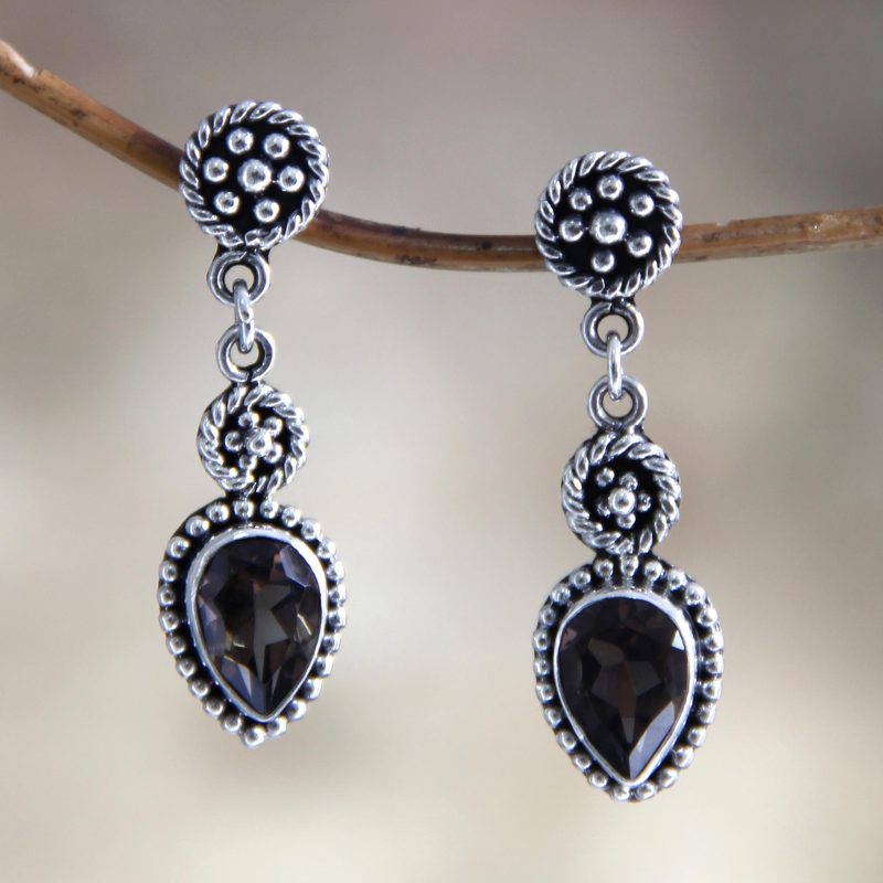 Unique Sterling Silver and Smoky Quartz Earrings, "Balinese Jackfruit"
