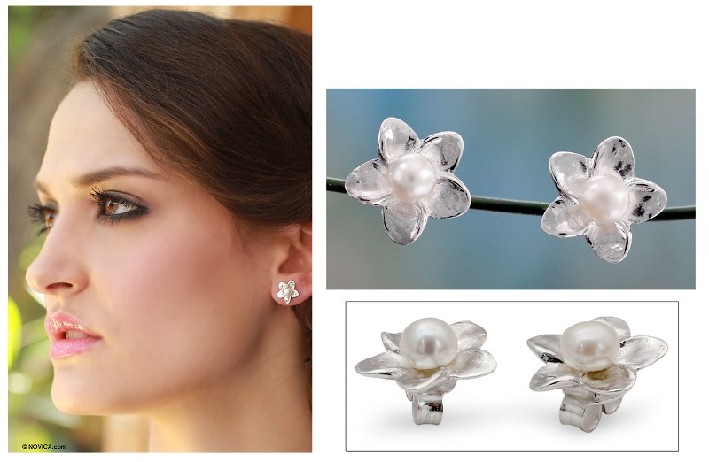 Pearl Bridal Jewelry Sterling Silver Earrings, "White Jasmine"