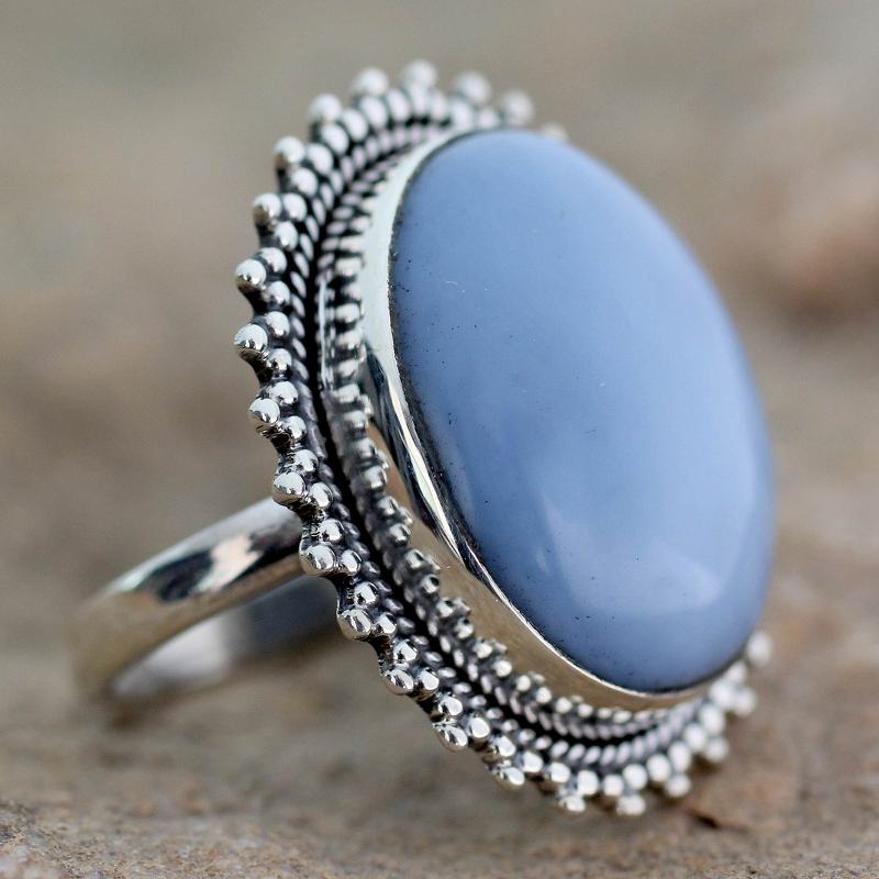 Indian Jewelry Cocktail Ring with Opal and Sterling Silver, "Blue Promise"