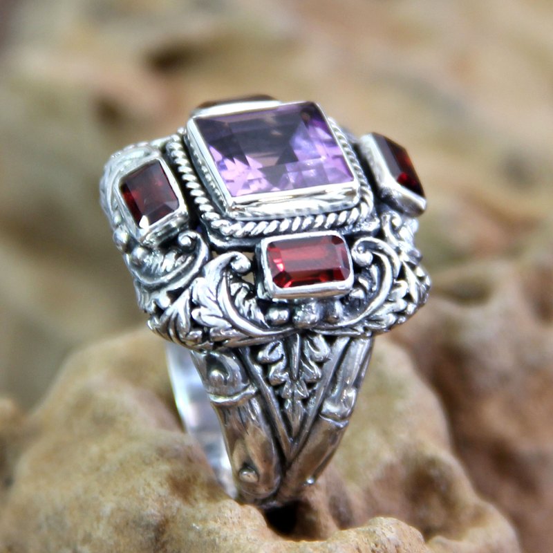 Amethyst and Garnet Cocktail Ring from Indonesia, "Temple Guardian"