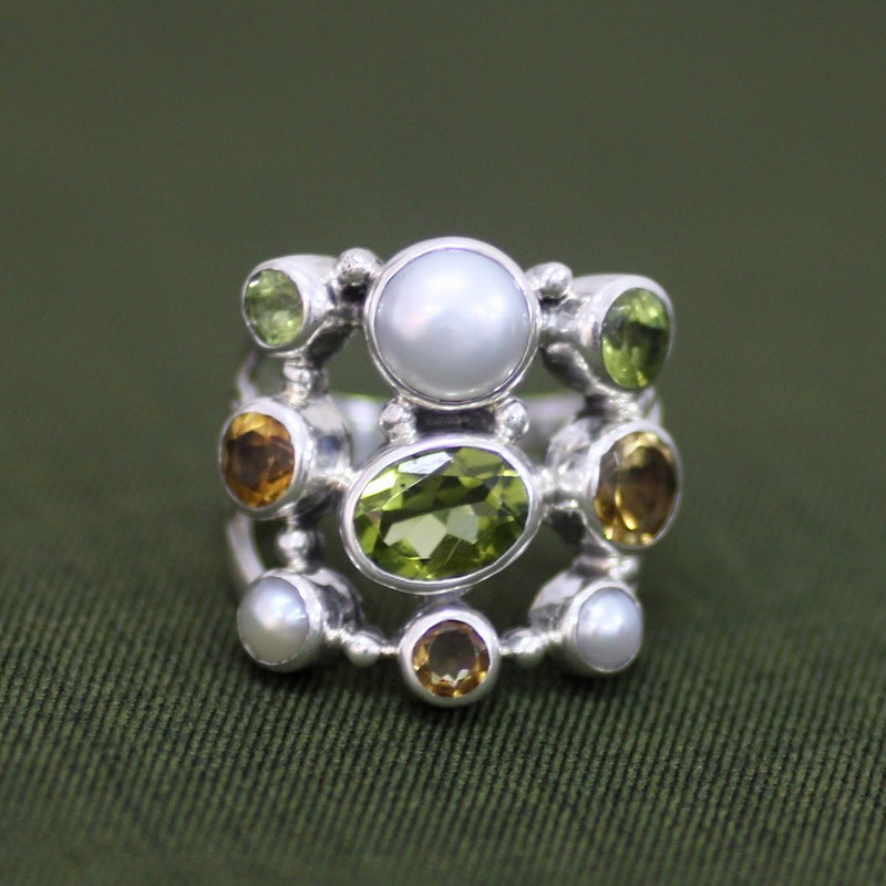 Pearl and Peridot Cluster Ring, "Tree of Lights"