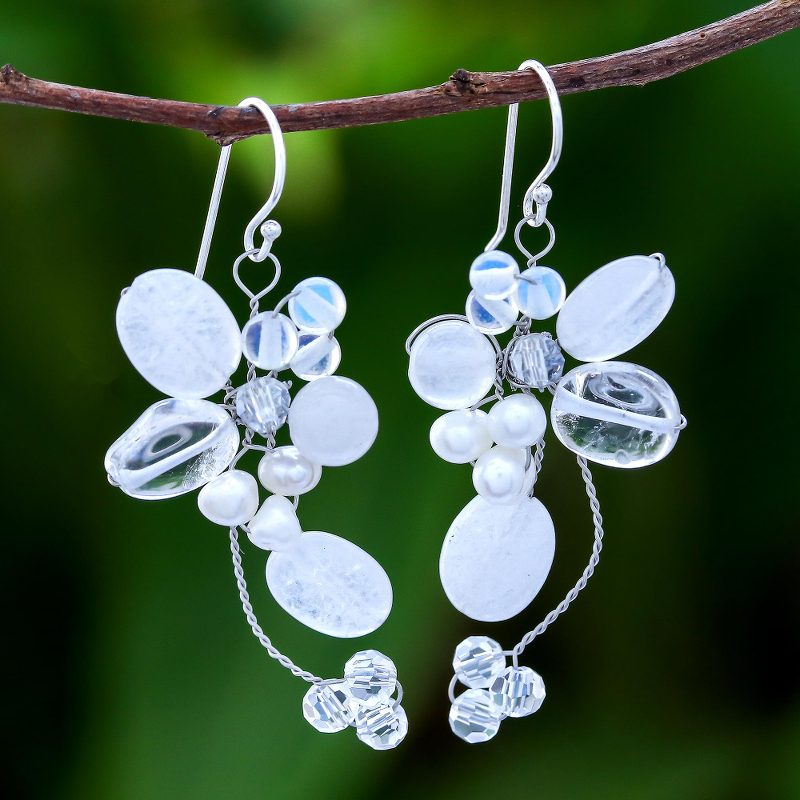 Pearl and Quartz Dangle Earrings, "Radiant Bouquet"