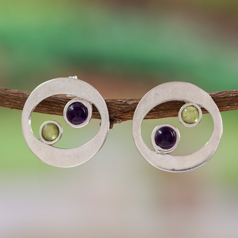 Unique Sterling Silver Amethyst and Peridot Earrings, "Drifters"