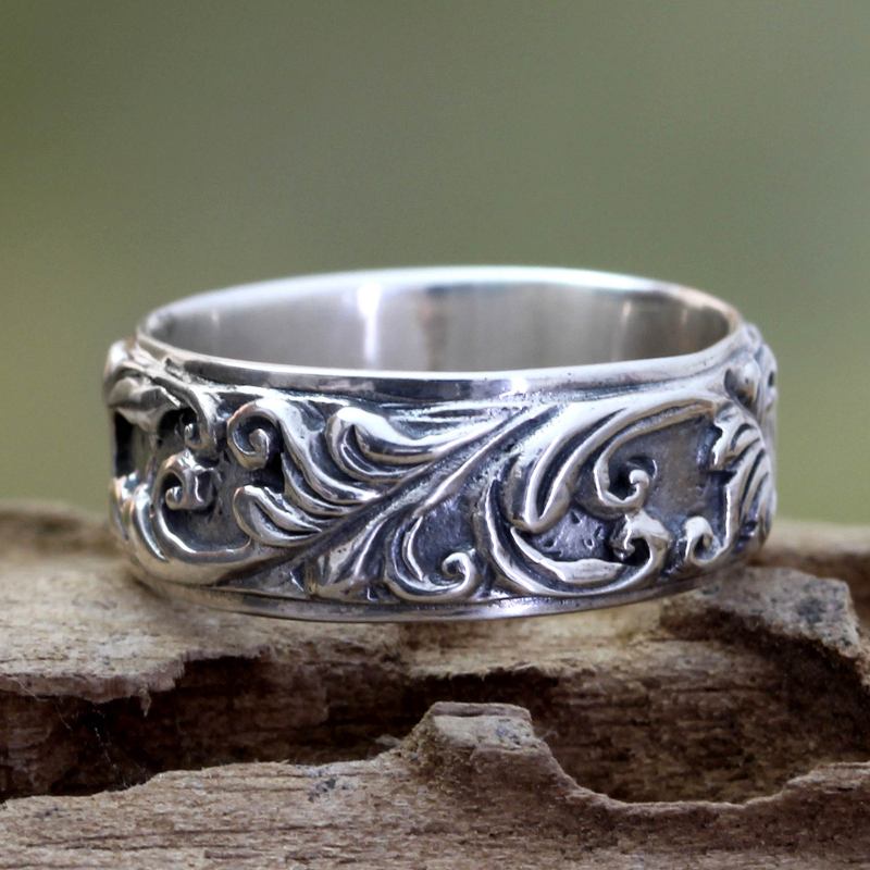 Leaf and Tree Sterling Silver Band Ring, "Flourishing Foliage"