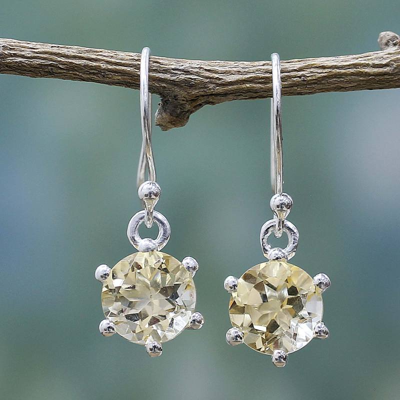 Sterling Silver and Citrine Earrings Artisan Jewelry, "Golden Solitaire"