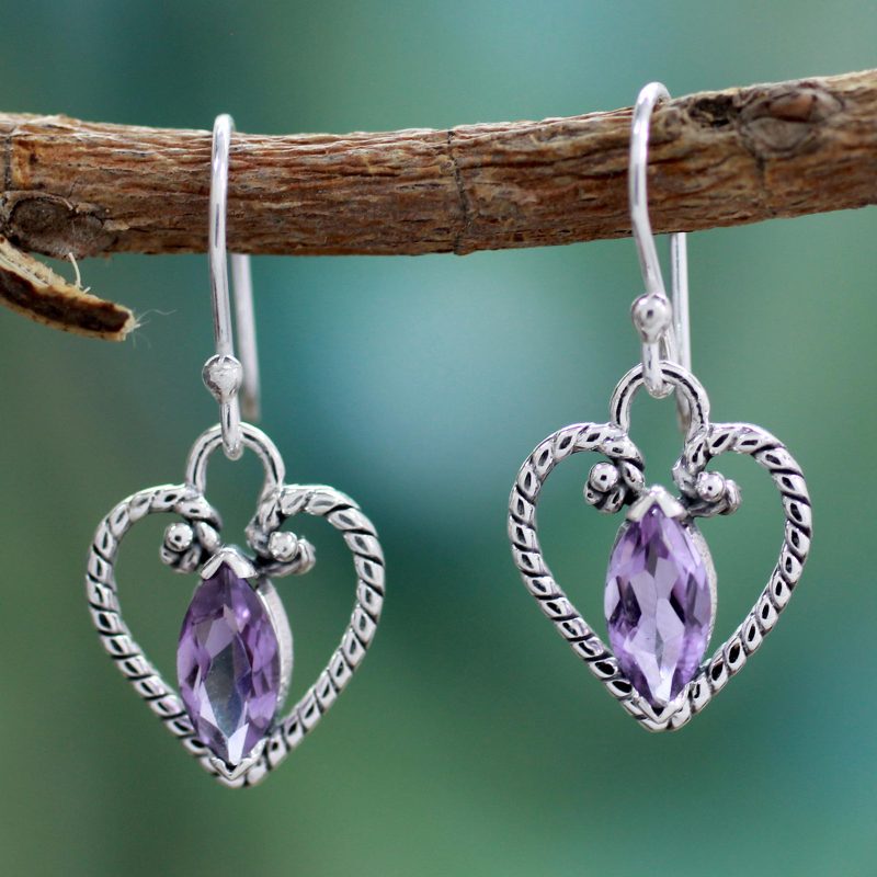 Amethyst Heart Earrings in Sterling Silver from India , "Mystic Love"