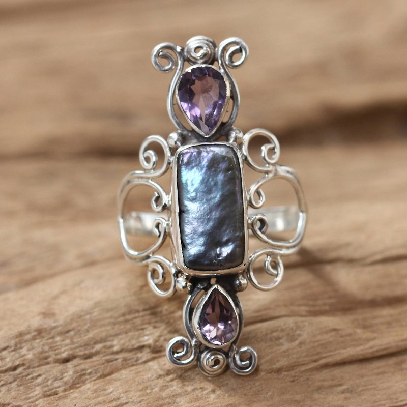 Pearl and Amethyst Silver Cocktail Ring, "Lavender Myths"