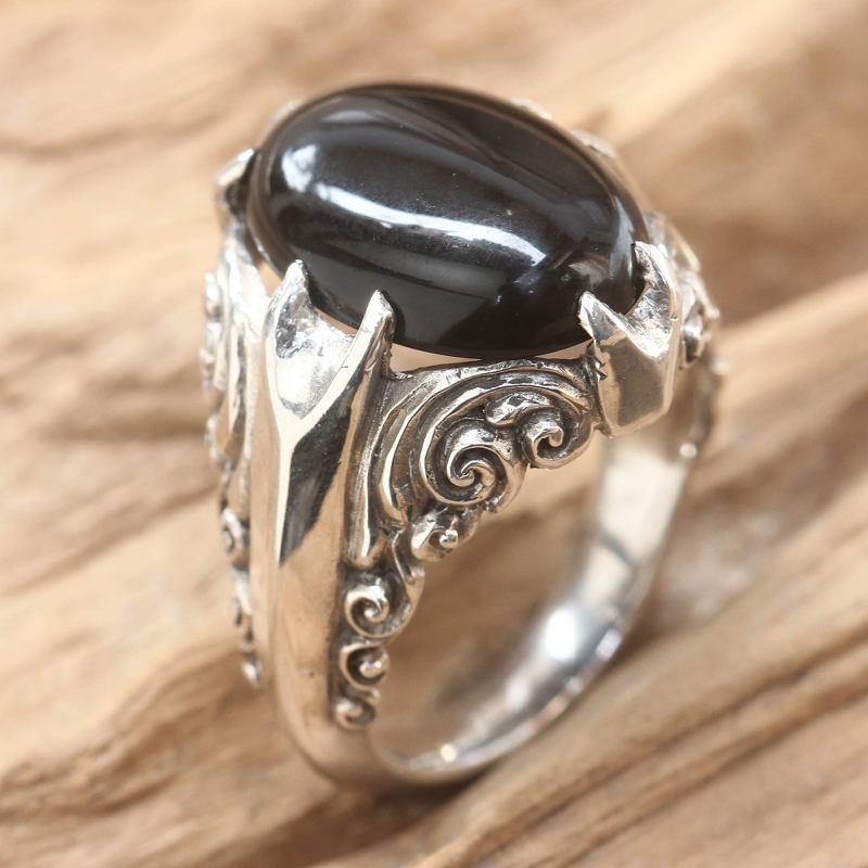 Women's Sterling Silver and Onyx Cocktail Ring, "Dark Surf"