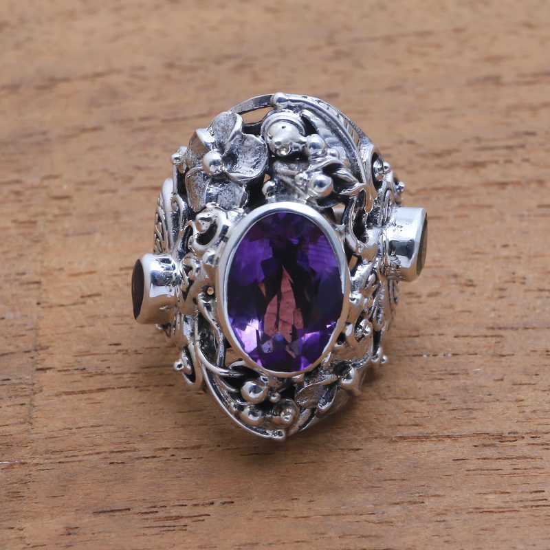 Unique Sterling Silver and Amethyst Cocktail Ring, "Frangipani Butterfly"
