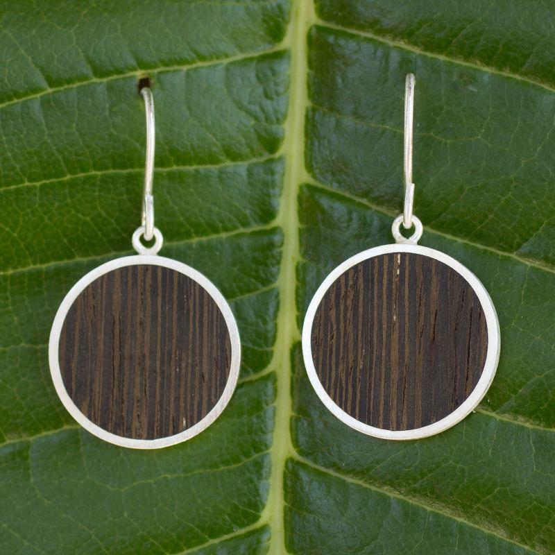 Wood and sterling silver dangle earrings, "Forest Moon"