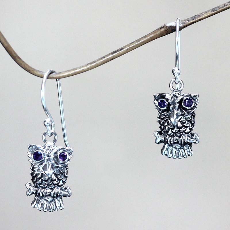 Sterling Silver and Amethyst Bird Earrings, "Baby Owl"