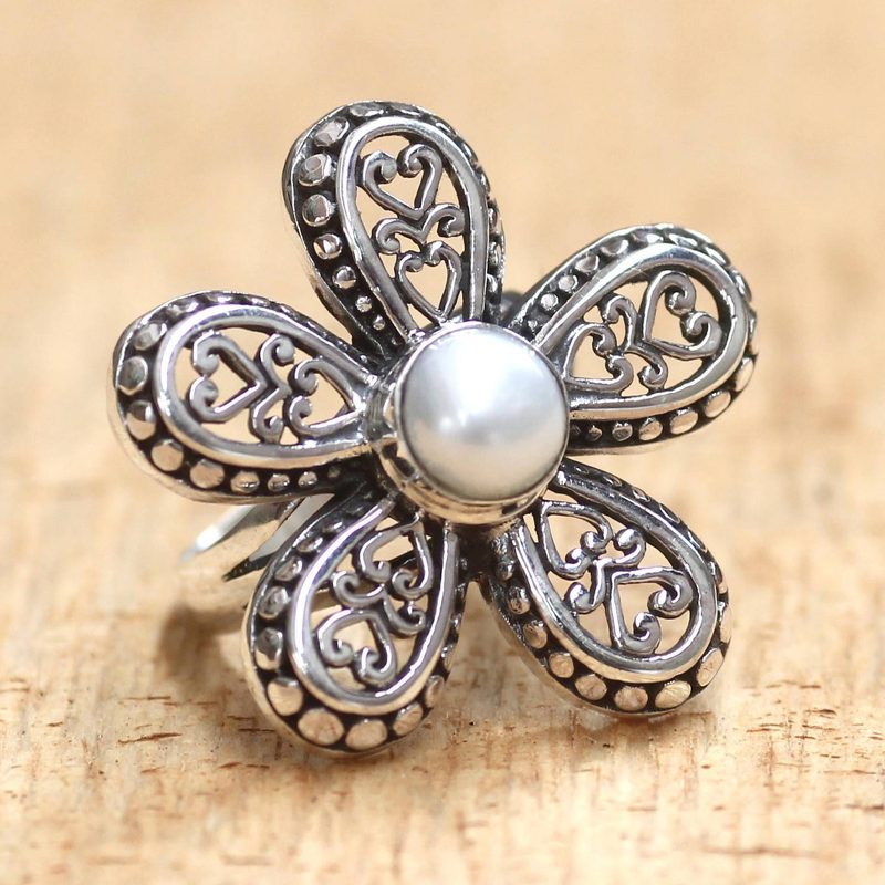 Women's Cultured Pearl and Silver 925 Flower Ring, "White Plumeria"