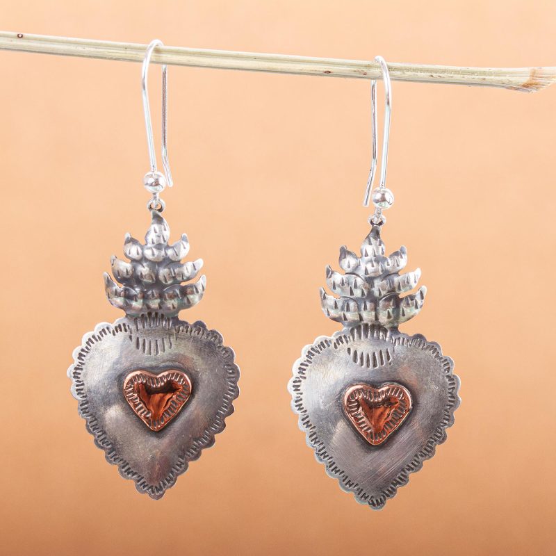 Sterling Silver Artisan Crafted Earrings with Copper Hearts, "My Sweet Hearts"