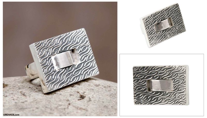 Square Textured Silver Handmade Ring, "Modern River"