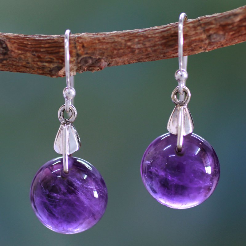 Amethyst Sphere Earrings India Artisan Jewelry, "Moon of Mysticism"