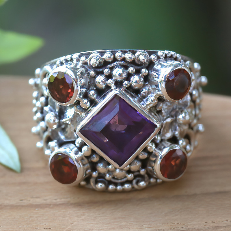 Large Silver Ring with Amethyst and Garnet, "Royal Balinese"