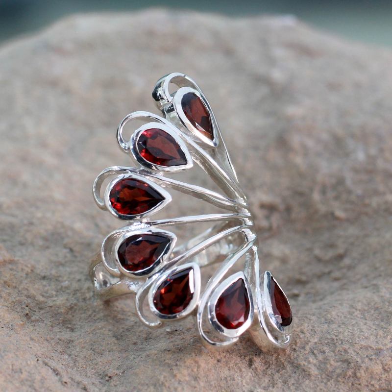 3.5 Cts Garnet and Sterling Silver Ring from India Jewelry, "Wing of Love"