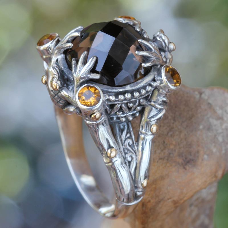Smoky Quartz Sterling Silver Ring with Gold Accents, "Tropical Frogs"