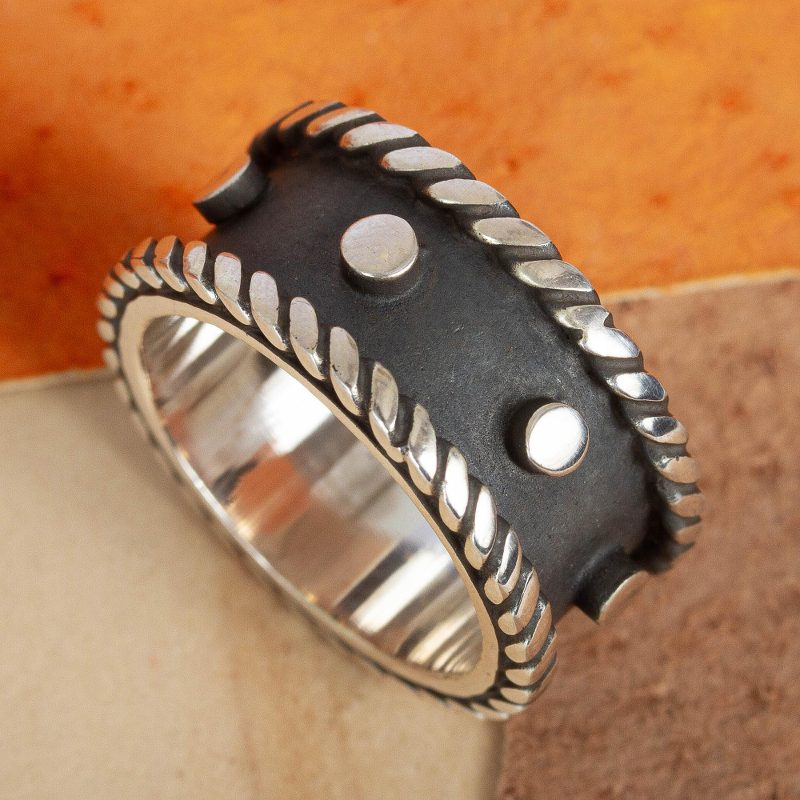 Modern Dark and Polished Taxco Silver Band Ring, "Domino"