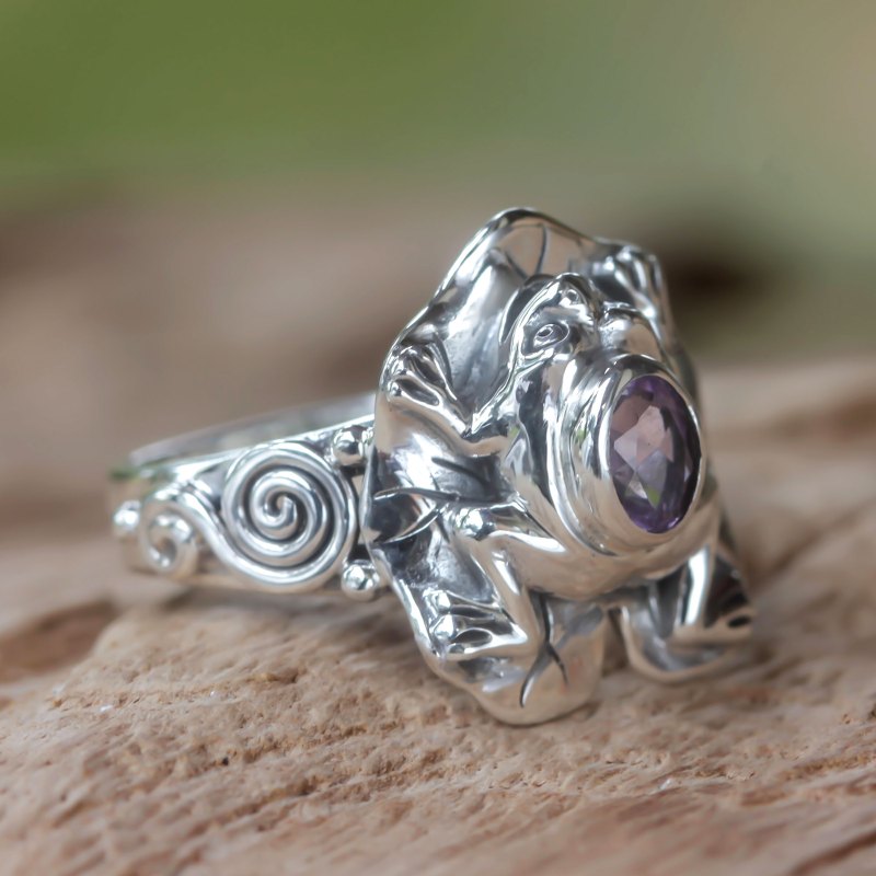 Amethyst and Silver Frog Cocktail Ring, "Lilac Rainforest Frog"