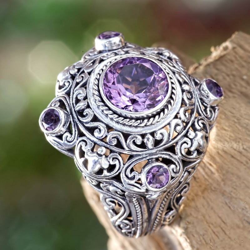 Amethyst and Silver Cocktail Ring from Bali, "Mahameru Purple"