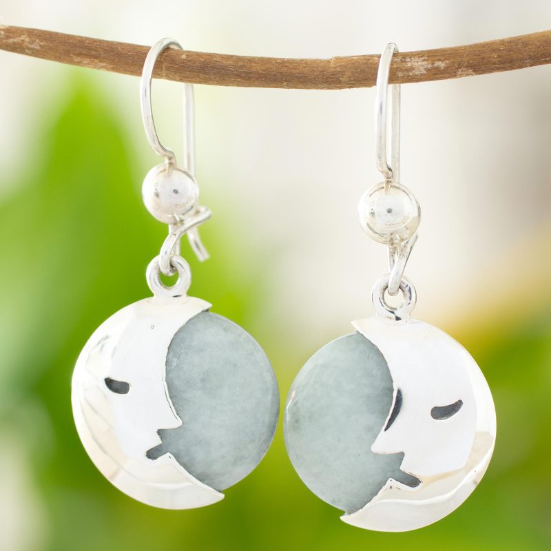 Light Green Jade Moon Eclipse Handcrafted Earrings, "Cool Crescent Moon"