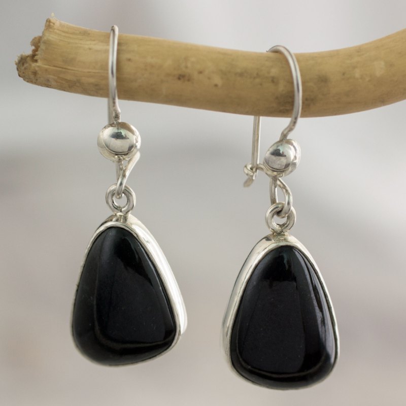 Guatemalan Hand Crafted Sterling Silver Black Jade Earrings, "Maya Night"