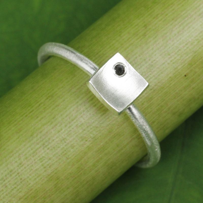 Women's Onyx and Brushed Silver Square Ring, "The Square"