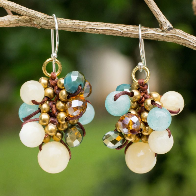 Yellow and Blue Quartz Beaded Earrings Knotted by Hand, "Azure Cattlelaya"